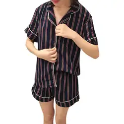 Новые летние модные женские Повседневное полосатый Turn-Подпушка воротник пижамы из двух частей комплект верх + шорты Пижамный костюм