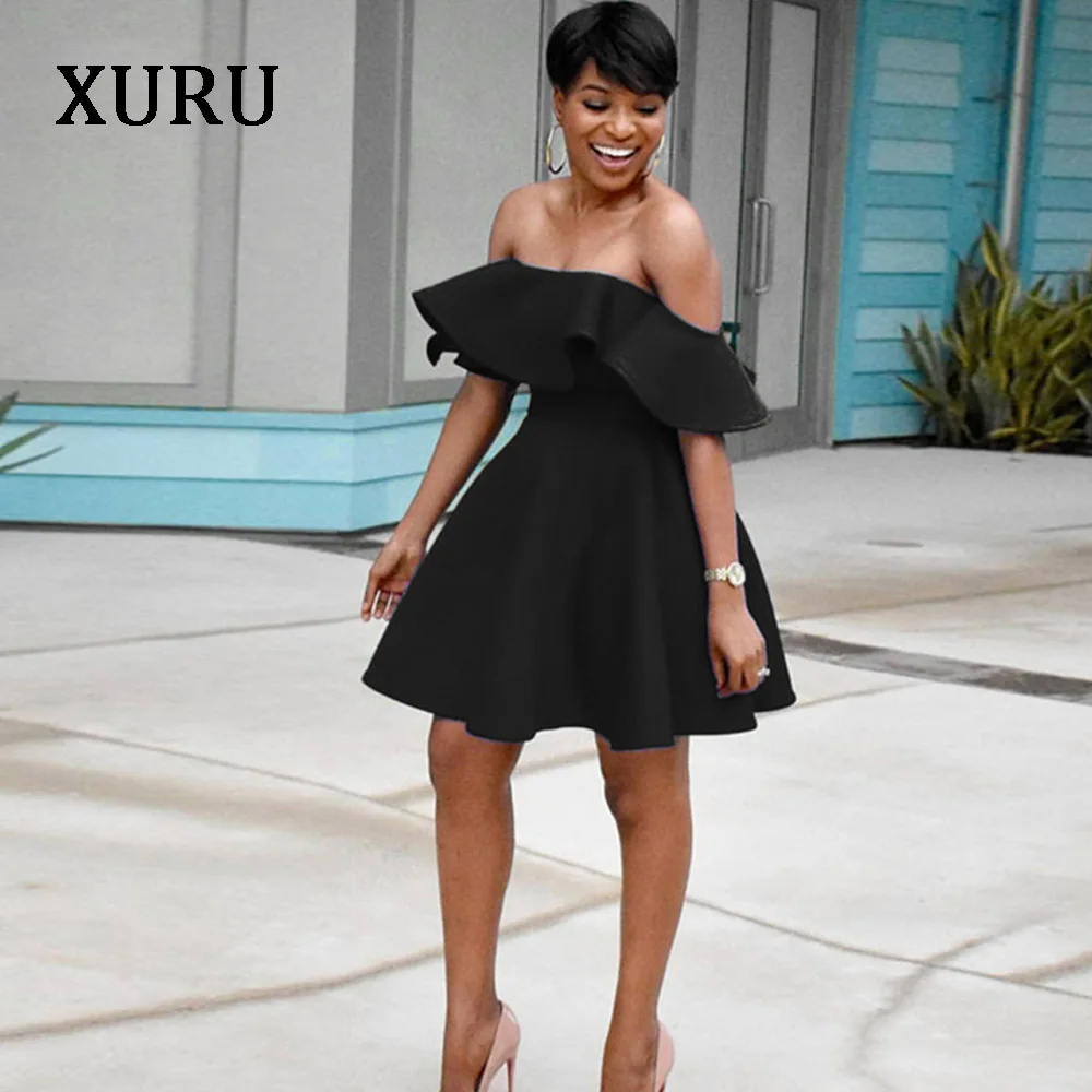 XURU сексуальное платье с открытыми плечами, женское платье трапециевидной формы с вырезом лодочкой и оборками, красное, синее, черное однотонное платье без бретелек, элегантная одежда для вечеринок - Цвет: Черный