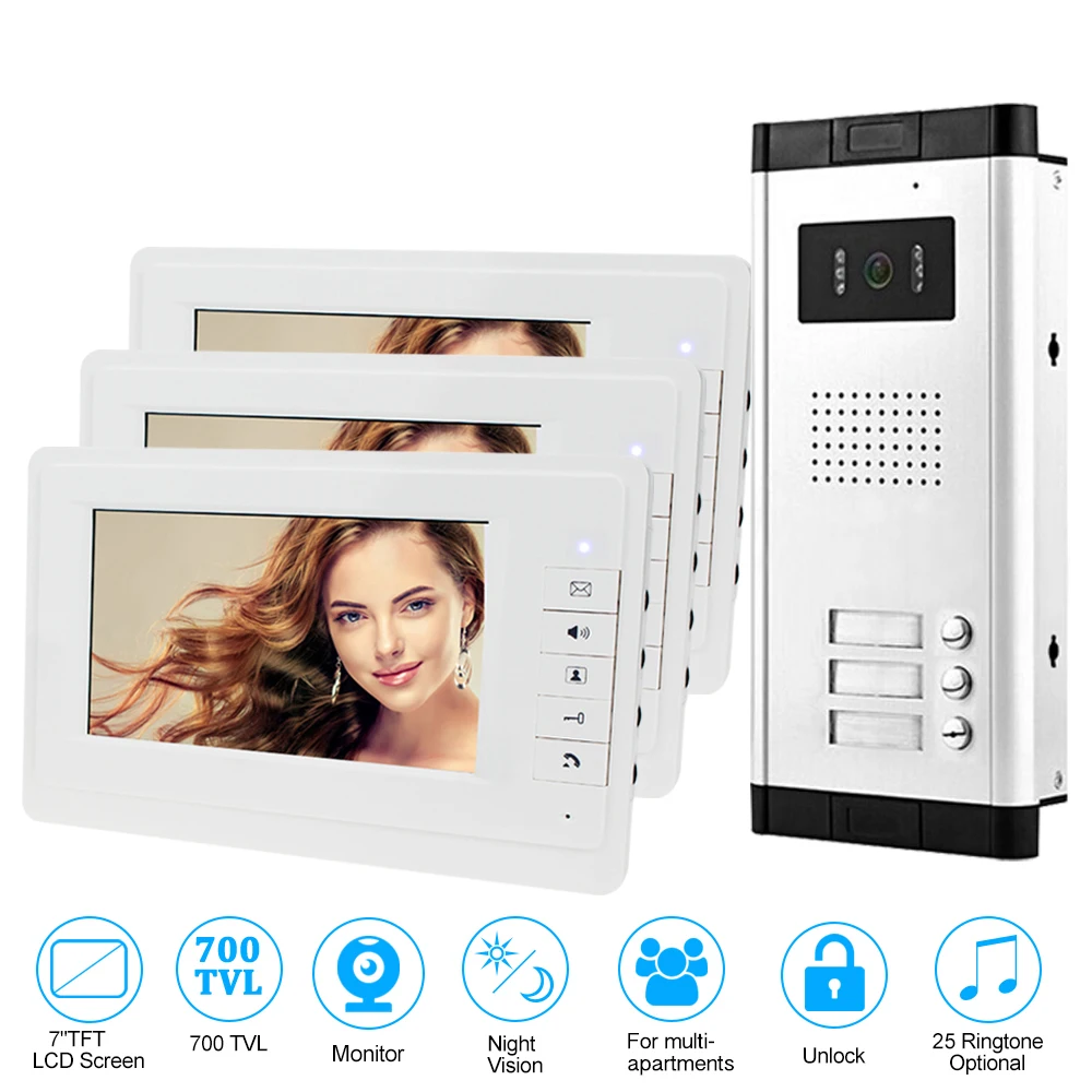 7'' Video Door Phone Doorbell Intercom Entry System 3 Units Monitors + 700TVL IR Camera Doorphone for 2/3/4/6 Home / Apartments 7'' Video Door Phone Doorbell Intercom Entry System 3 Units Monitors + 700TVL IR Camera Doorphone for 2/3/4/6 Home / Apartments