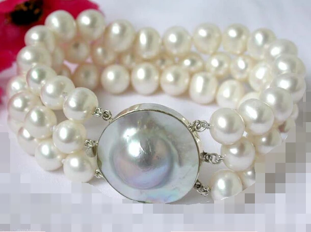 

09568 3strands white round freshwater pearl bangle bracelet hop (A0429)