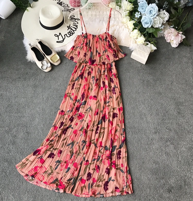 2020 new fashion women's rompers Summer floral chiffon strap bohemian pleated ruffled jumpsuit 2020 new fashion women's rompers Summer floral chiffon strap bohemian pleated ruffled jumpsuit
