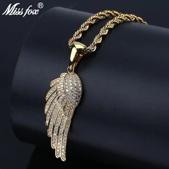 

MISSFOX Hip Hop Angel Wings Mens Necklace Chain Iced Out Valentine'S Day Gift Luxury Brand Engel Feather Necklaces Pendants