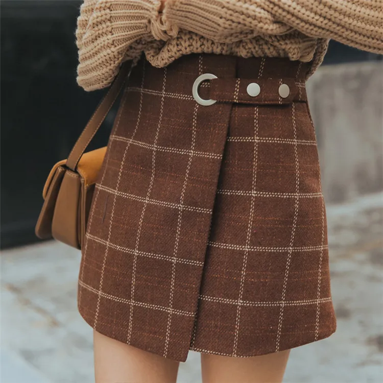 Осенне-зимняя мини-юбка, Новая женская шерстяная клетчатая юбка с высокой талией, Сексуальная Асимметричная шерстяная юбка, женская короткая юбка-трапеция, AB547