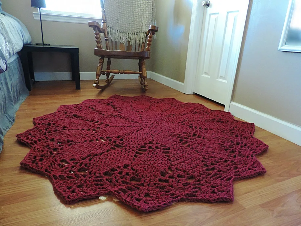 Giant Crochet Doily Rug in RED, Geometric Rug, Ruby Red Round Rug
