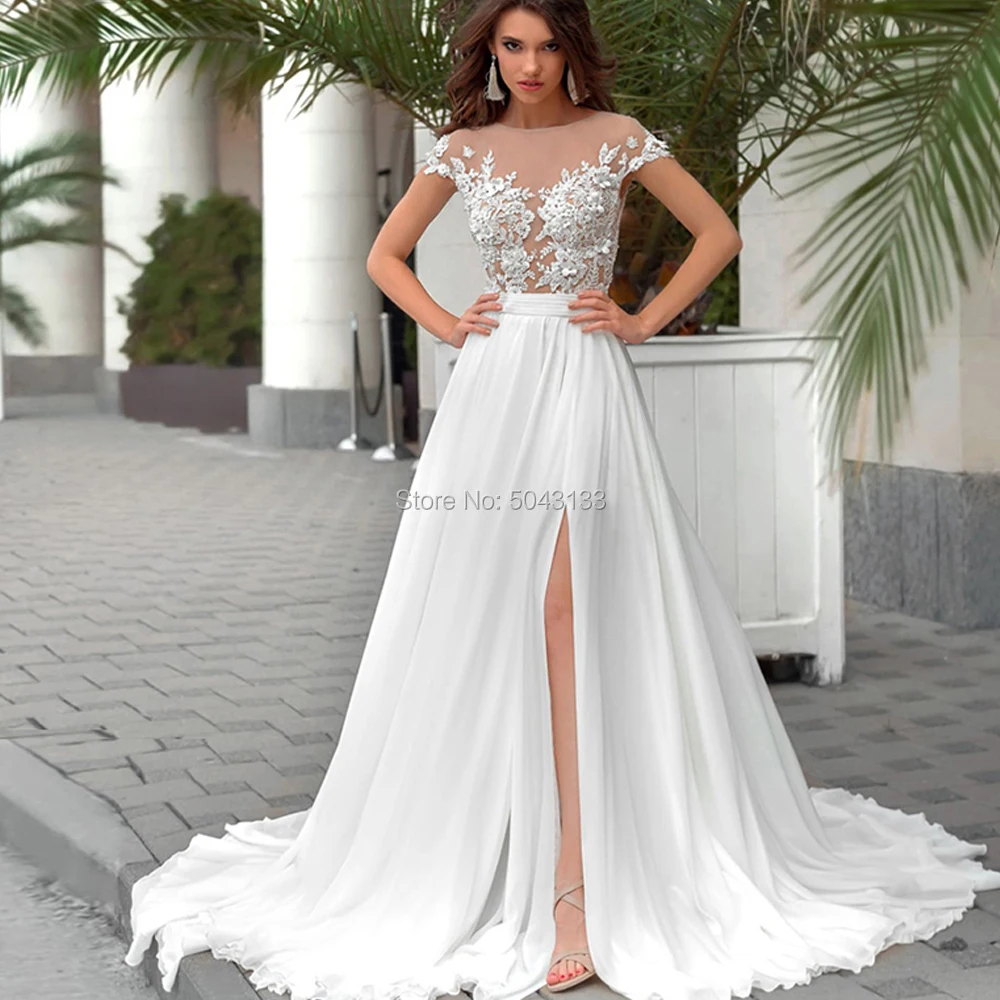 

Side Slit A Line Boho Chiffon Wedding Dresses Sexy Sheer High Neck Short Sleeves Appliques Long Bridal Gowns See Through Top