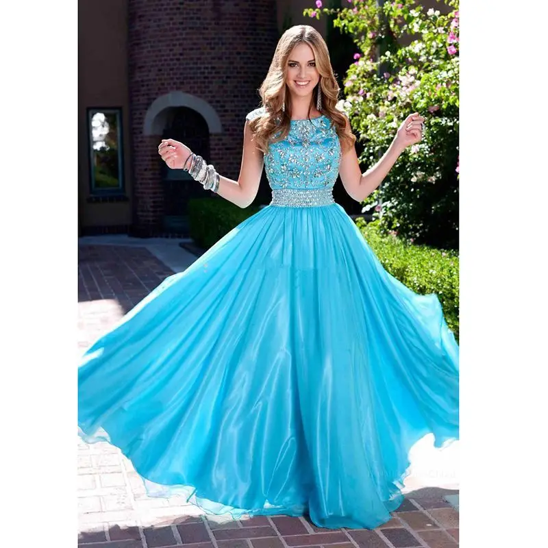 Baby Blue Scoop Neckline Cap Sleeves Prom Dress with Shiny Crystals and