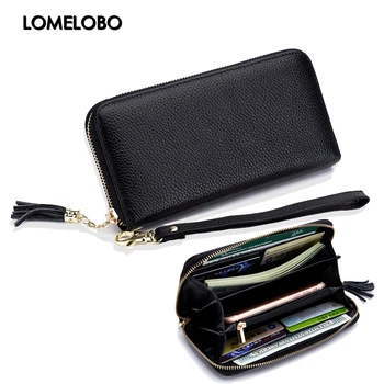 

Lomelobo Unisex Tassel Long Wallet Genuine Leather Women Men Litchi Cowhide Leather portomonee Boy Girl Credit Card Holder Purse