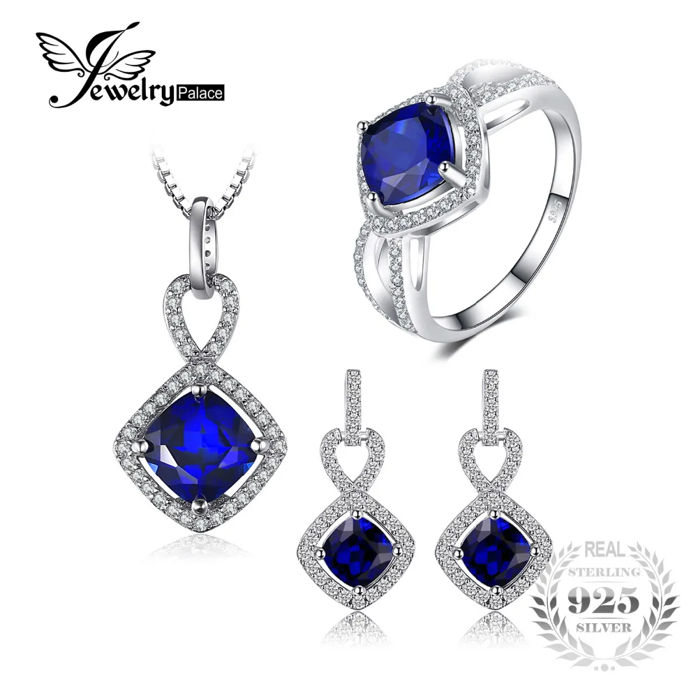 

JewelryPalace 6.3ct Cushion Created Blue Sapphire Halo Ring Dangle Earrings Pendant Necklace Jewelry Sets 925 Sterling Silver