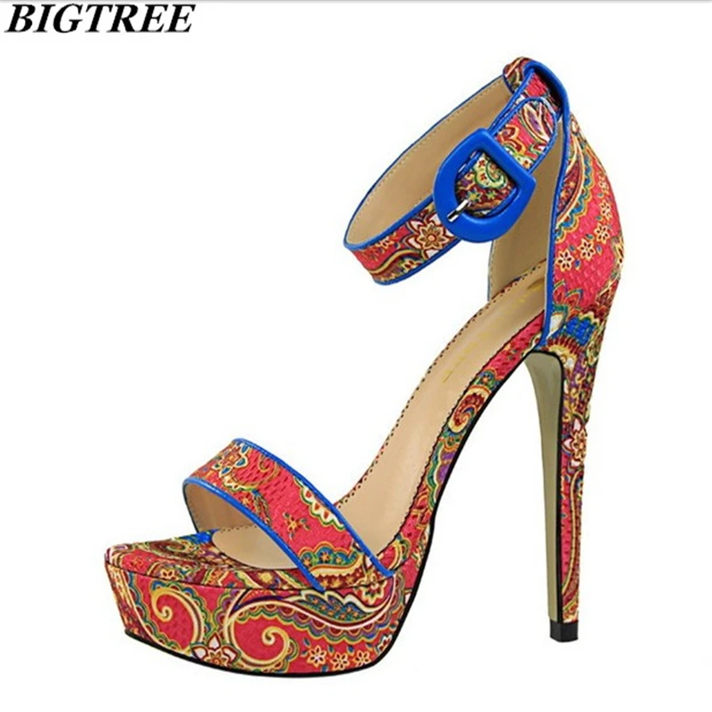 

BIGTREE Brand Shoes Women High Heels Pumps Retro High Heels 12.5cm Women's Open toe sandals Printed summer female sandals