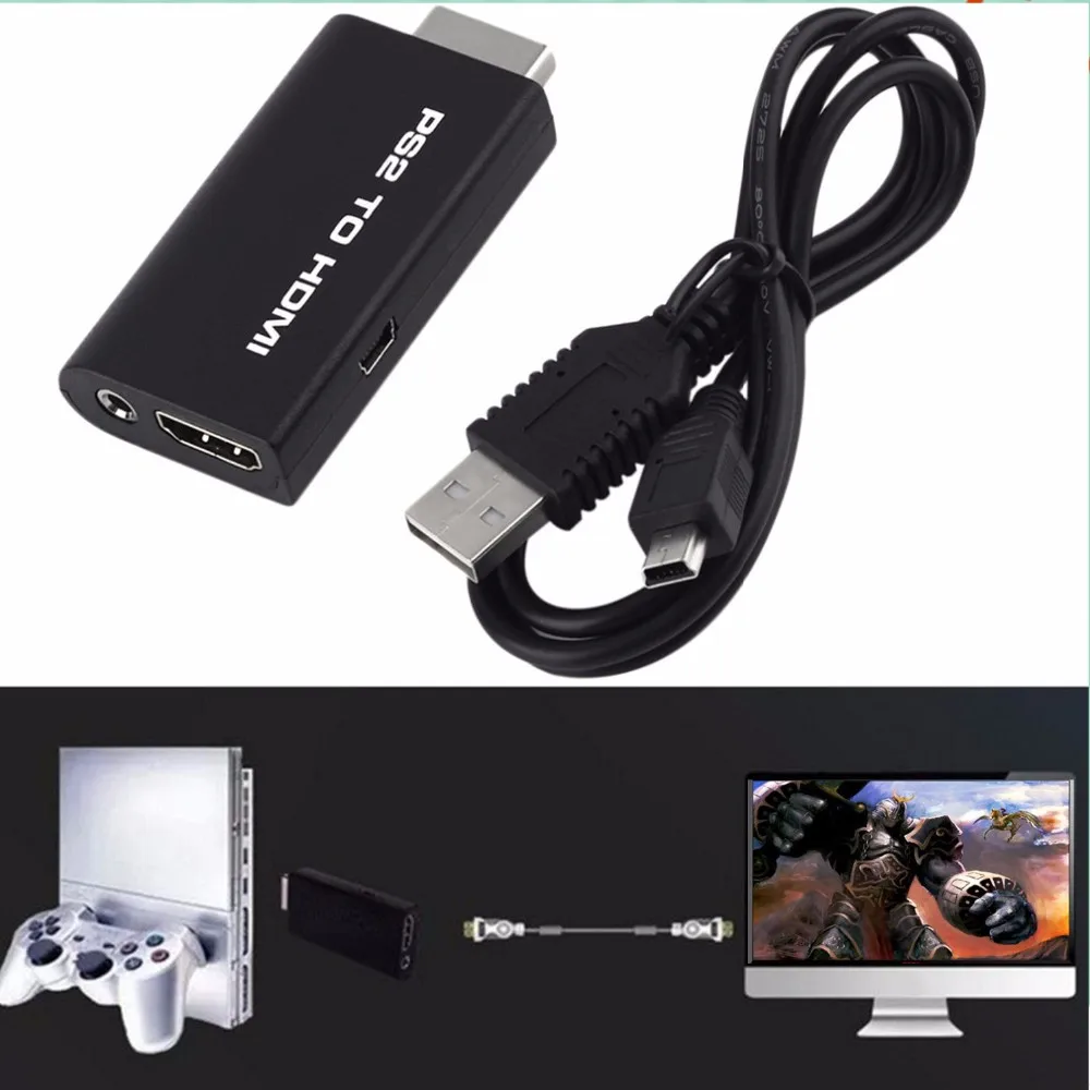 

50pcs lots Mini for PS2 to HDMI Video Converter Adapter with 3.5mm Audio Output for HDTV PC support 480i 576i 480p
