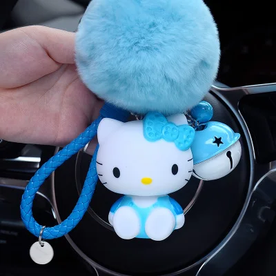 Cute Cartoon Hello Kitty Rabbit Fur Ball PomPom Pom Poms Keychain Women Leather Strap Metal Key Ring Chains Car Bag Charm D35B