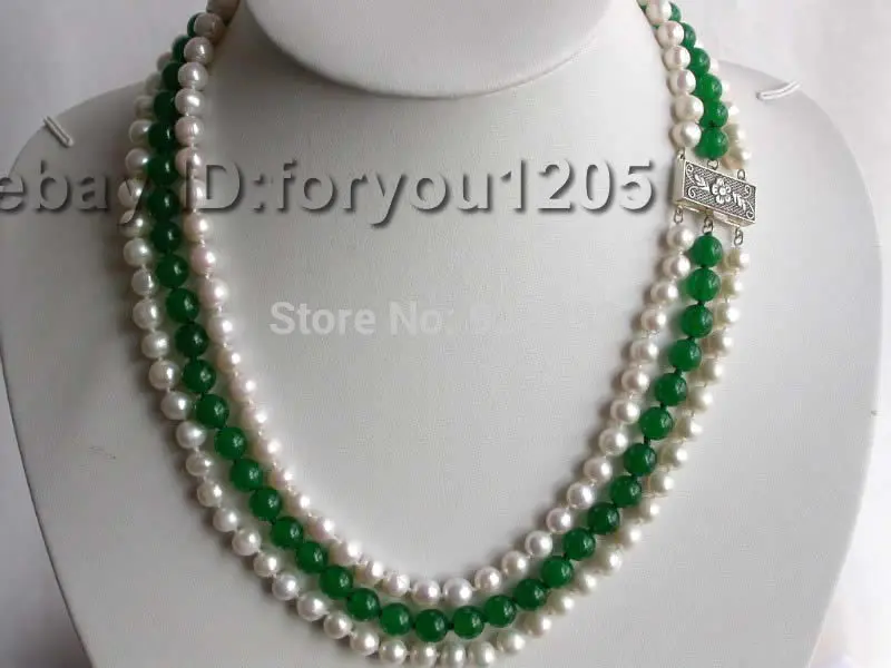 

Free shipping QW219 Wholesale&FREE P&P**"3rows Natural White Pearl Green Semi-precious Stone Necklace