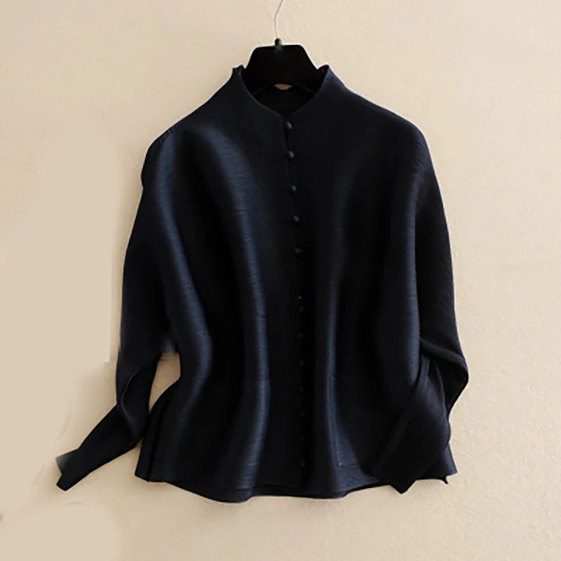 [EAM] новая осенне-зимняя плиссированная однобортная Свободная рубашка с круглым вырезом и длинным рукавом женская модная блуза JG513