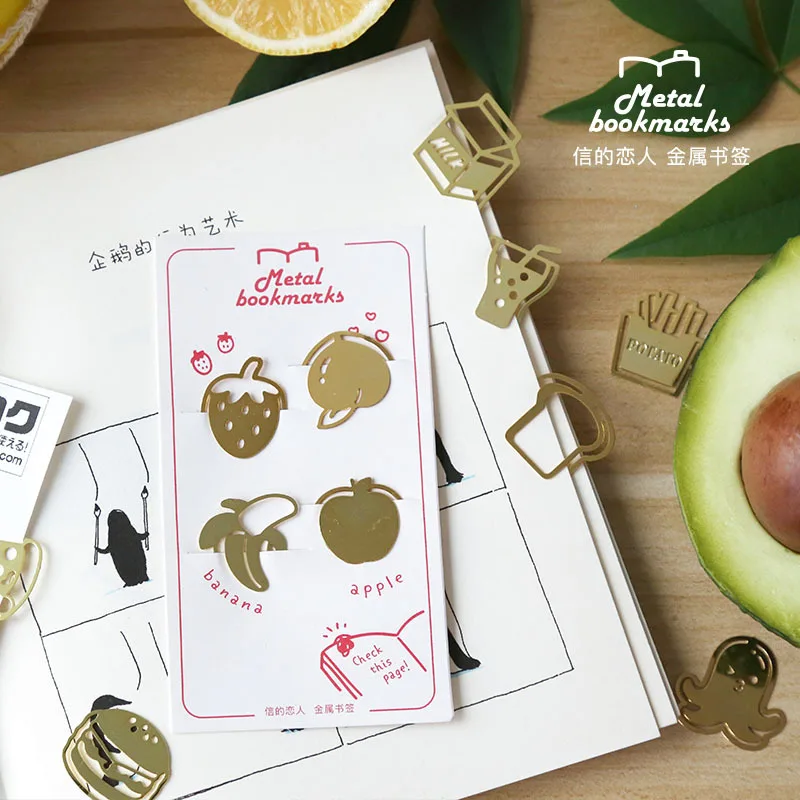 

4Pcs Creative Mini Gold Metal Bookmarks for Teacher Gift Fruit/food/sushi Shape Book Mark Clip Office Stationery Art Supplies