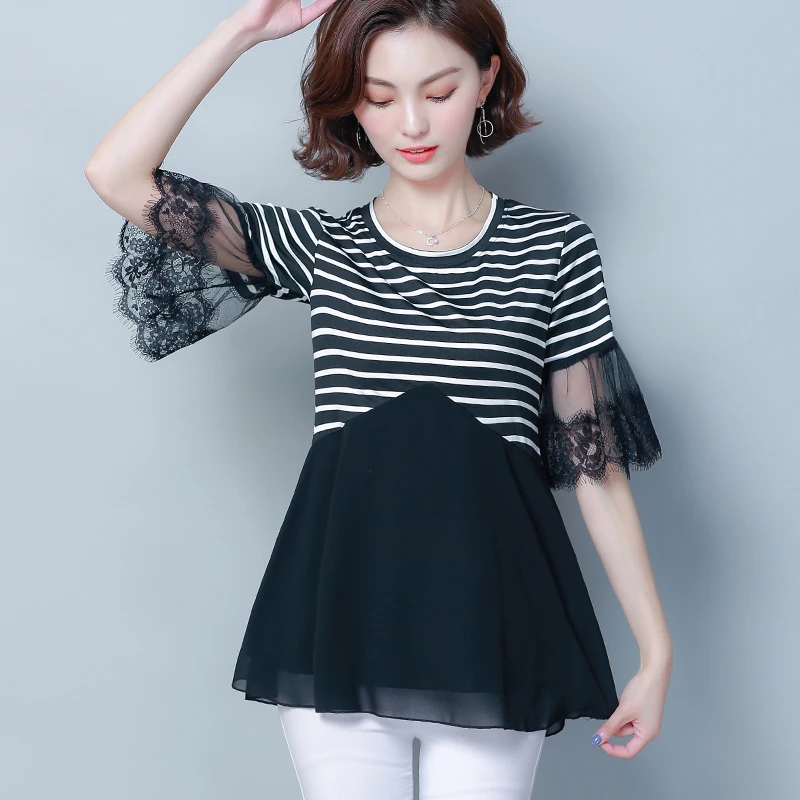 

Short sleeve stripes O-neck Chiffon blouses shirt helf sleeves 2019 for Plus Size 4XL 5XL Women's Clothing tops summer 836A3