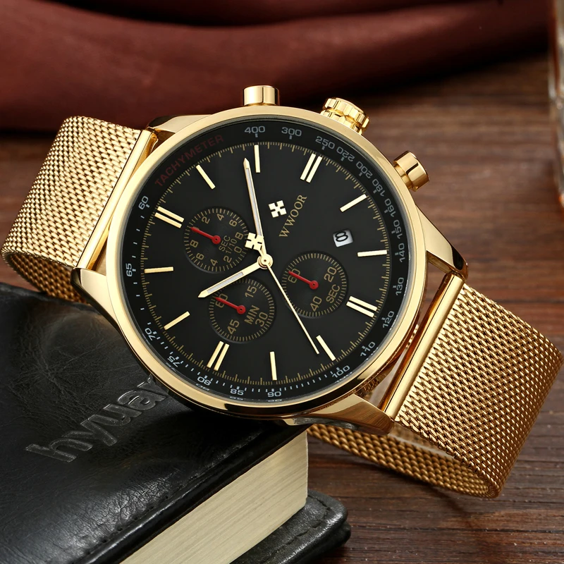 WWOOR Top Brand Luxury Mens Watches Business Chronograph Waterproof Gold Stainless Steel Sport Men Quartz Wrist Watch Male Clock