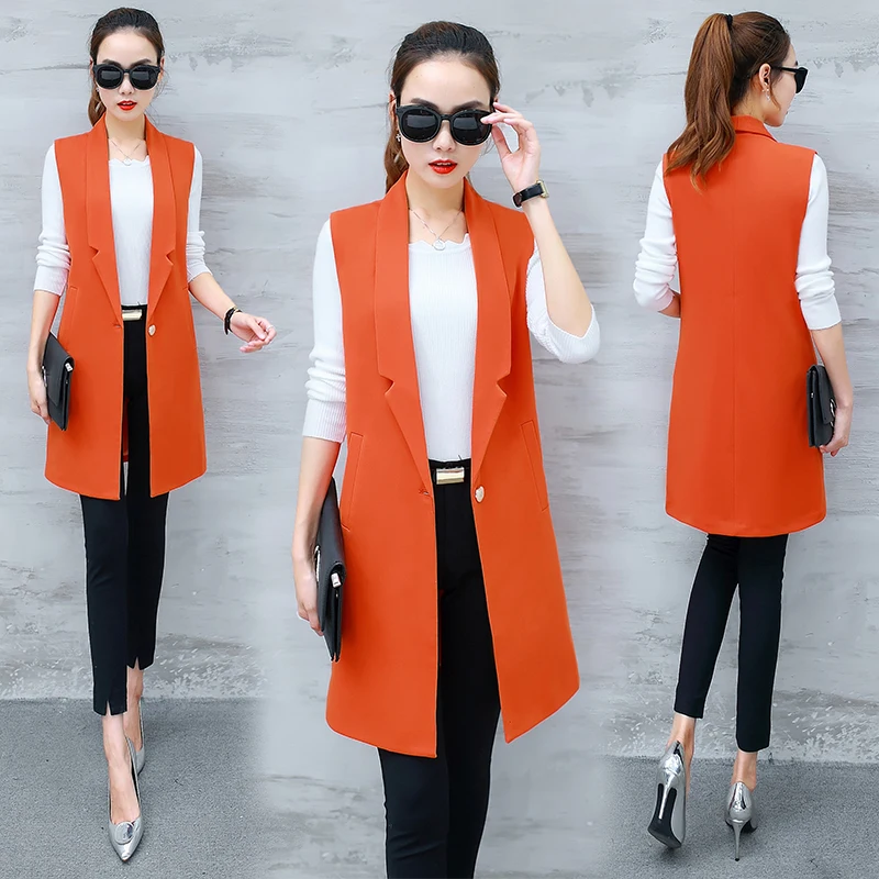 Women Fashion Lapel Open Front Long Sleeveless Blazer Vest Waistcoat - Black - C