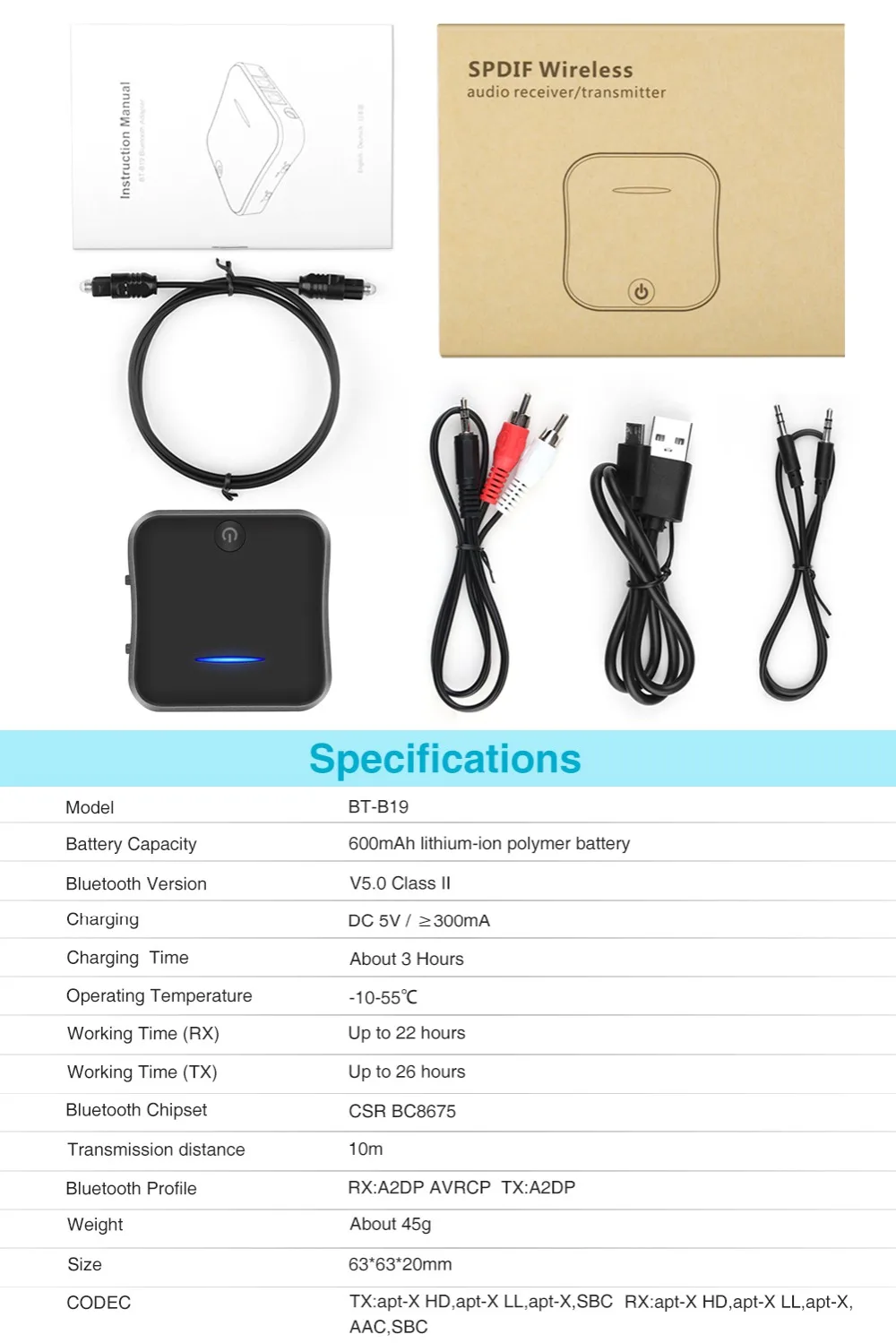 CSR8675 Bluetooth передатчик 5,0 APTX HD адаптер 3,5 мм/SPDIF/цифровой оптический Toslink для автомобильного динамика, Bluetooth аудио приемник