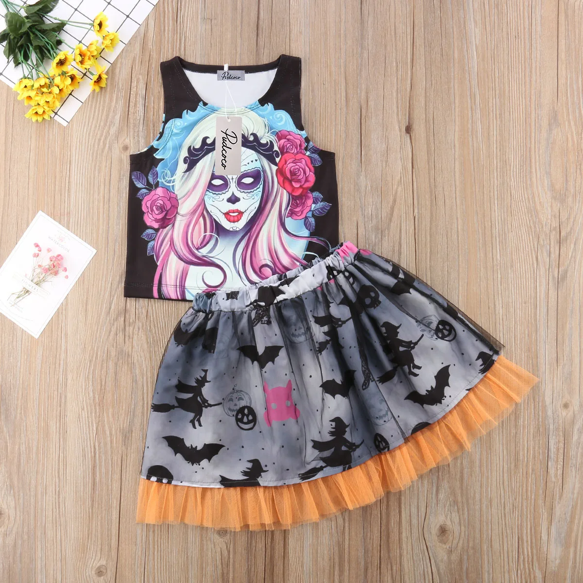 

Girls Halloween Day Outfit Clothes Baby Kids Girls Vampire Vest Shirt Tops Bats Skirt Customs Clothing Set Photo Prop 2019