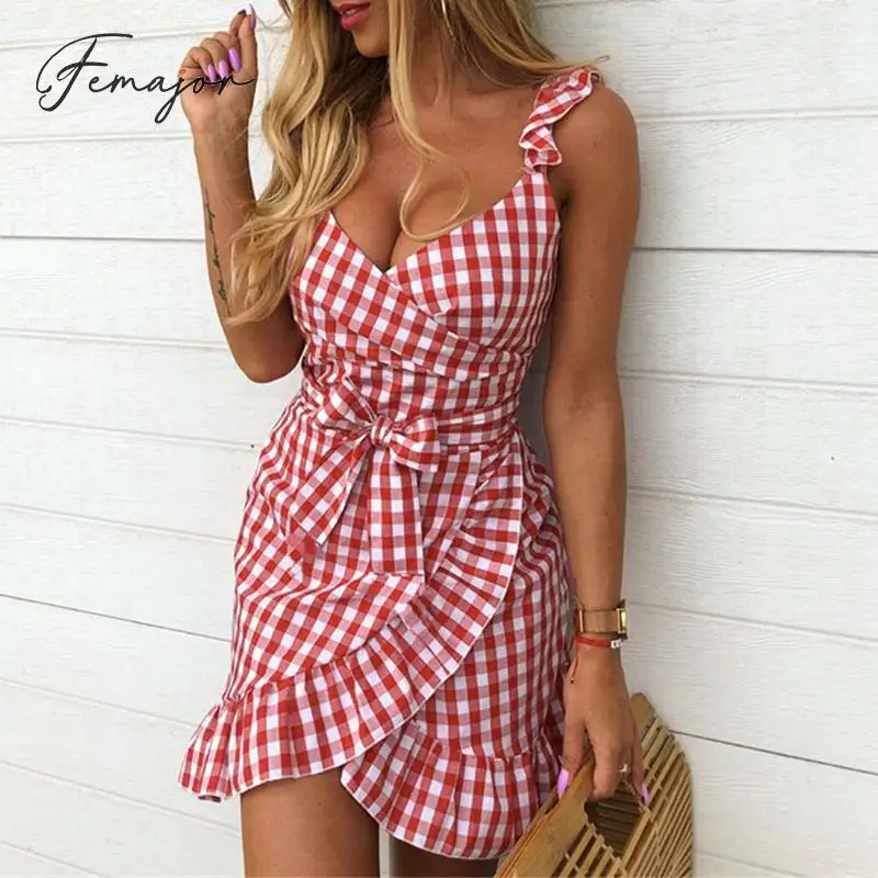 

Femajor Women Summer Dress Fashion V Neck Plaid Red Short Dress Female Casual High Waist Bandage Sundress Mujer Party Vestidos