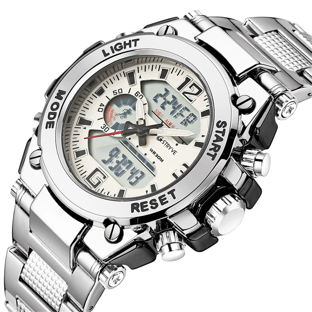 

Branded Stryve Watches men Waterproof stainless steel mens wristwatches dual movement digtial analog watches men sports watches