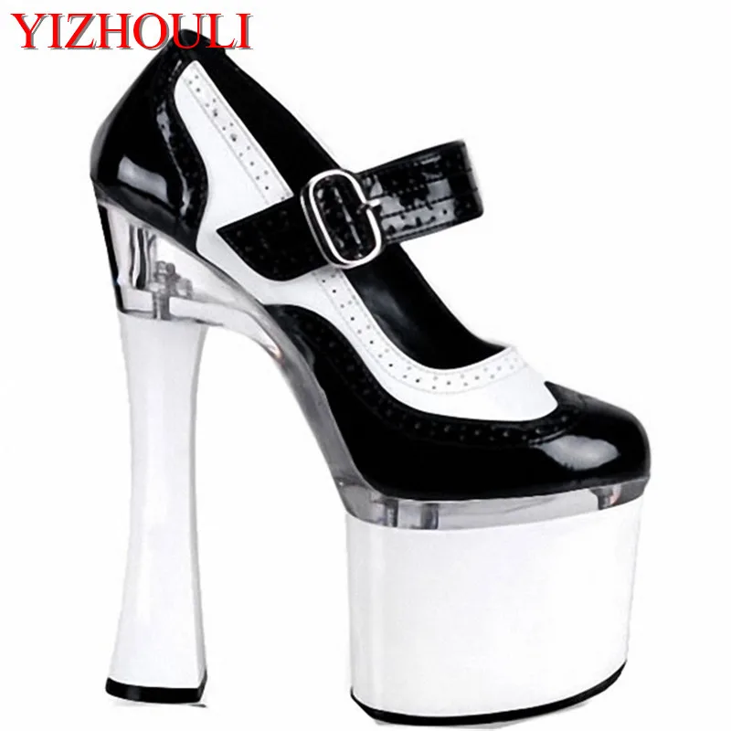 

Classics Black / White Women's Single Shoes 18CM Thick High-Heeled Shoes Platform Shoes 7 Inch Ankle Strap High-Heeled Shoes