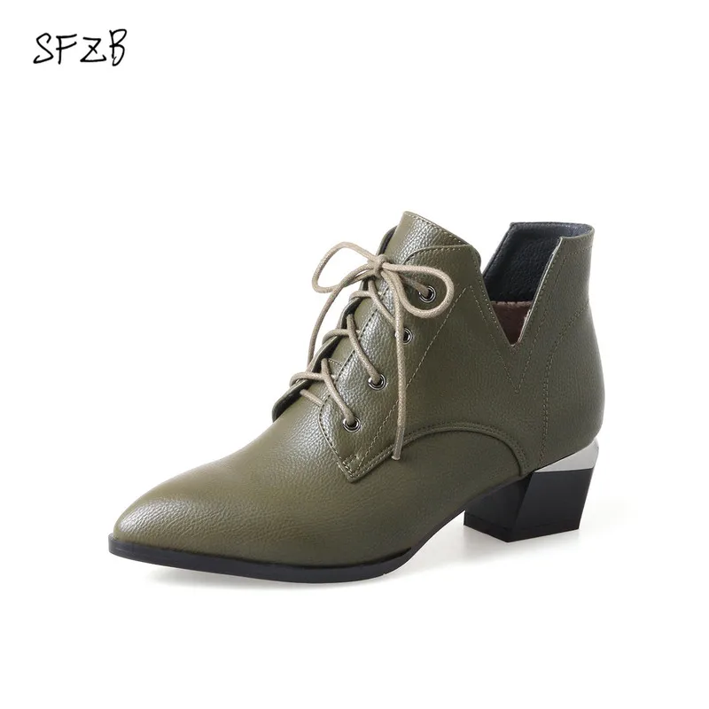 

SFZB Women Boots lace-up black green Ankle Boots Fashion Chelsea Low Heels Ladies Booties Spring 2018 Ladies Shoes
