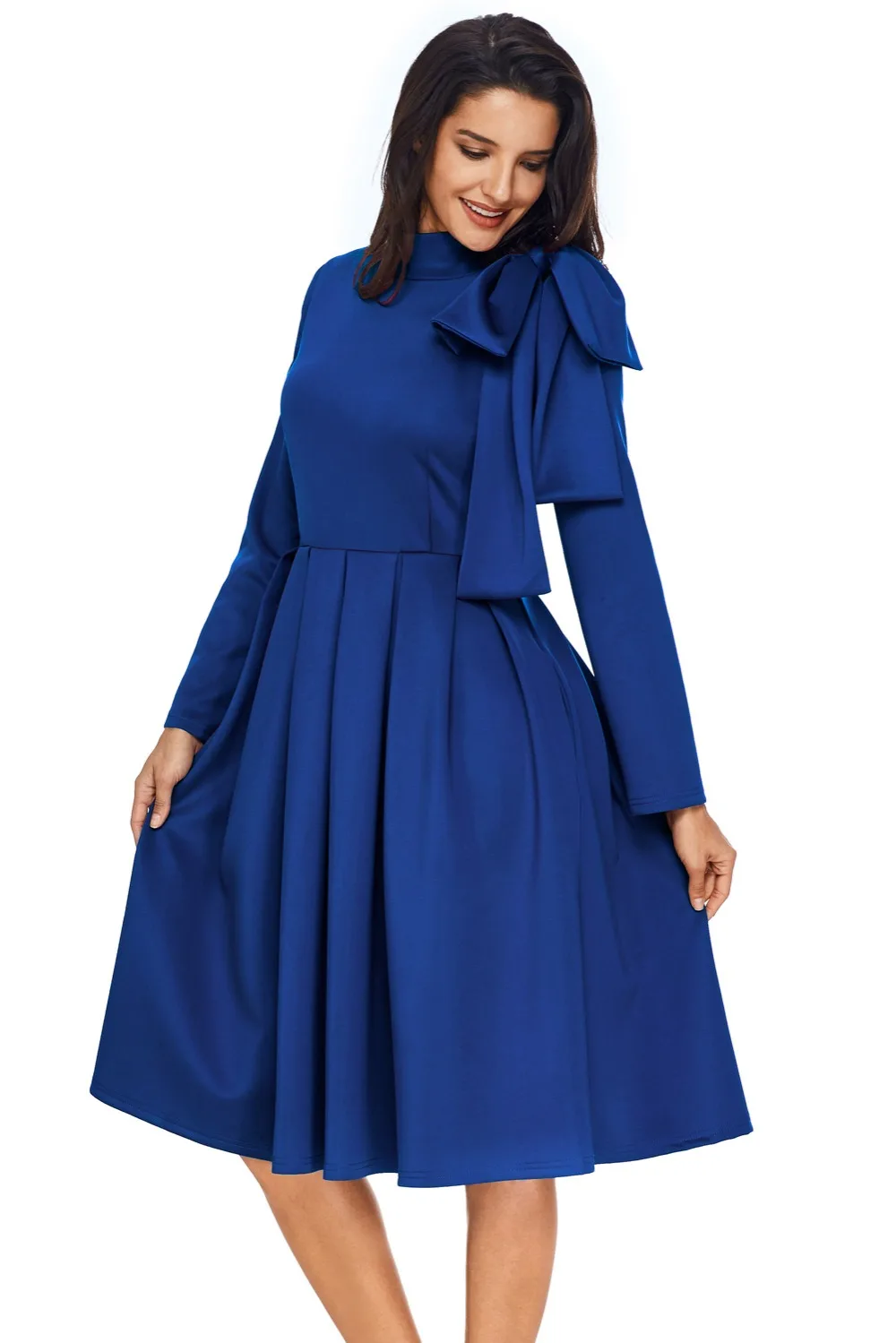 Royal-Blue-Bowknot-Embellished-Mock-Neck-Pocket-Dress-LC61832-5-3
