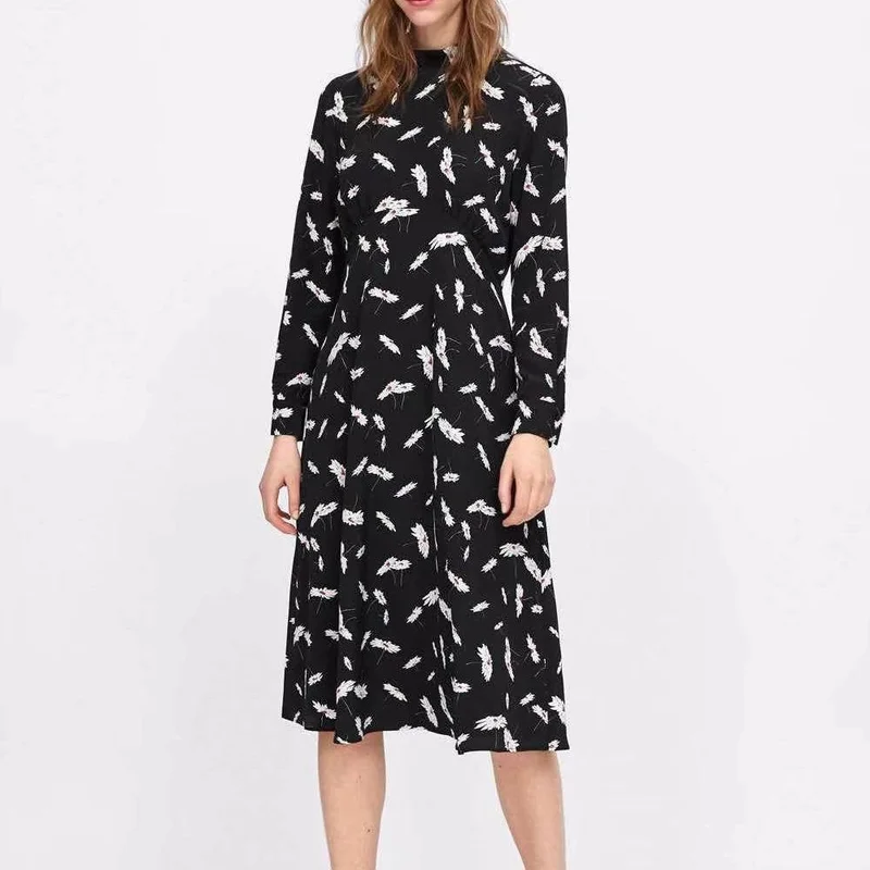 

ZA 2019 Spring New Female Dress Flower Printed Stand Neck Long Sleeve Dress AZ9175