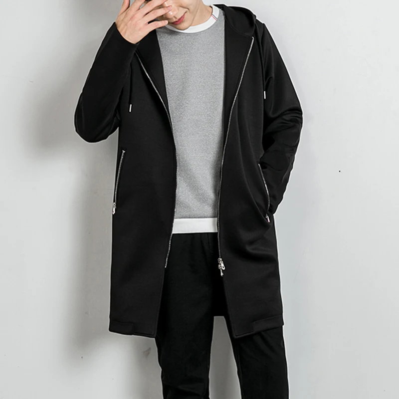 

Autumn Men New Long Casual Jacket Trench Coat Men Fashion Hooded Solid Elastic Windbreaker Pocket Trench Jacket Men AW--48
