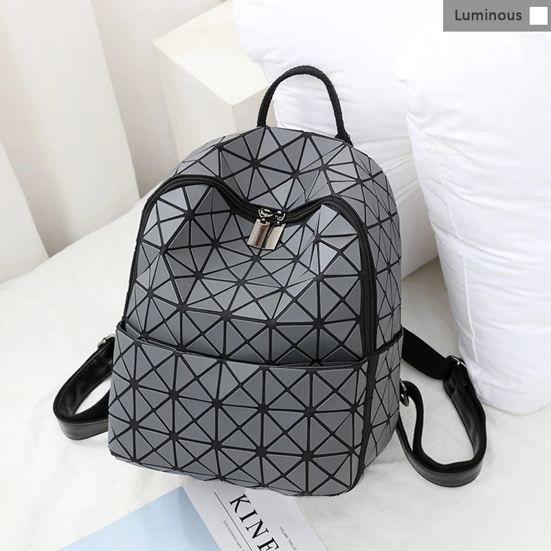 Nevenka Luminous Backpack Women Leather Geometric Backpacks Diamond Lattice Drawstring Backpacks Holographic Backpack Purse 201806