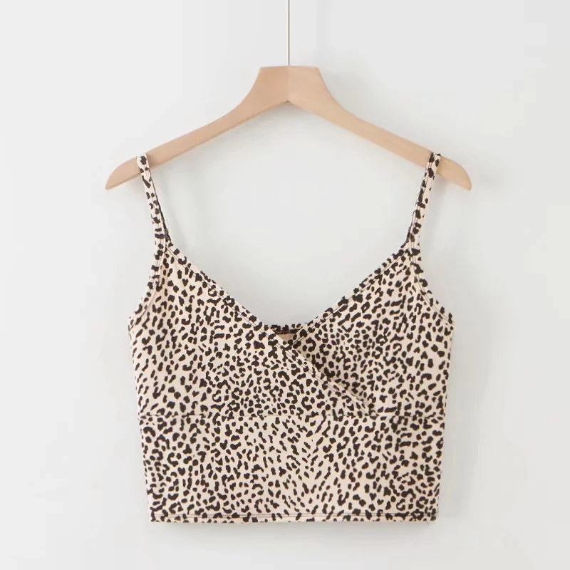 Women Cotton Blend Crossover V-neck Leopard Print Crop Tank Top