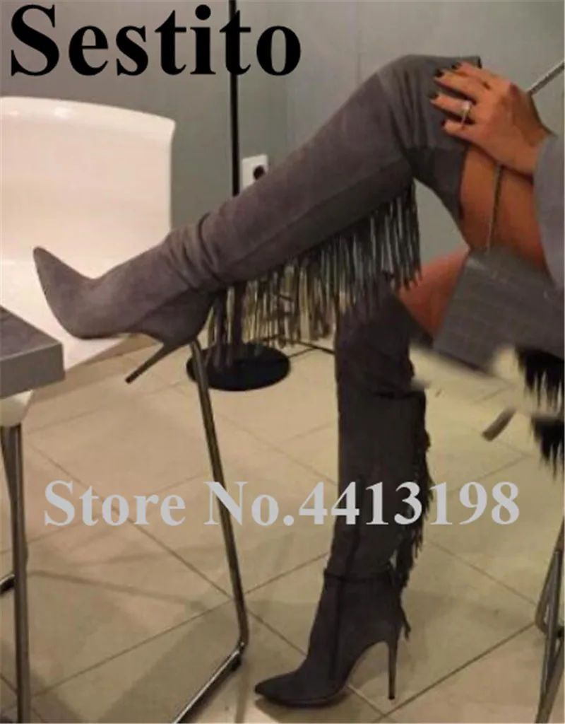 

2019 Newest Arrivals Fringe Over-the-Knee Boots Women Flock Pointed Toe Super High Thin Heels Zip Women Shoes Spring/ Autumn