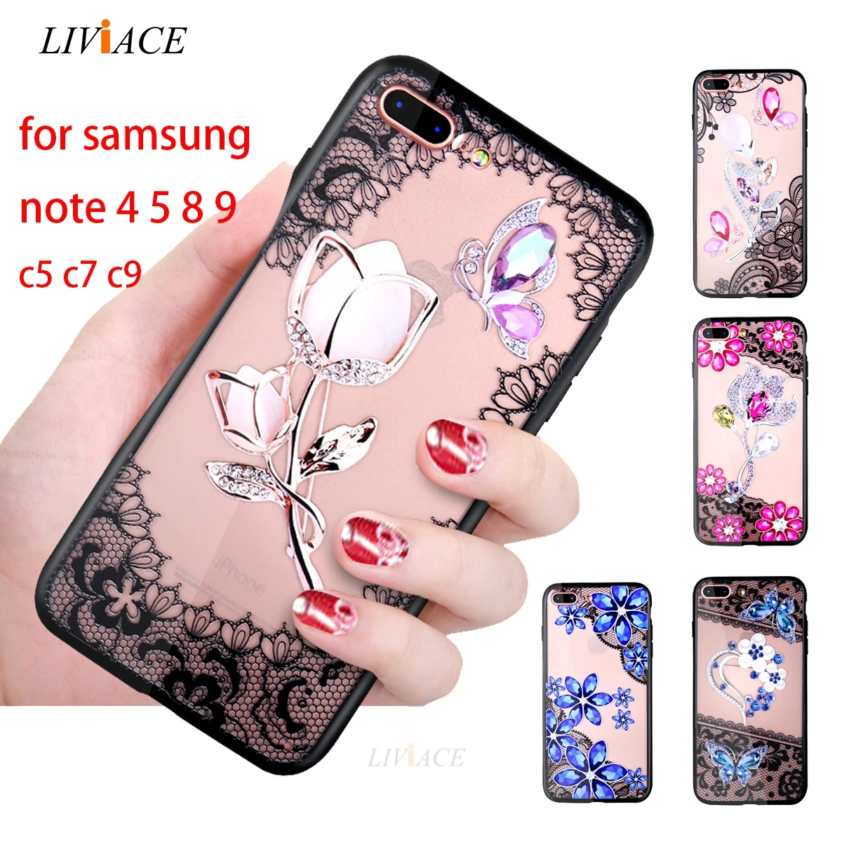 luxury diamond 3D relief lace flower phone case for samsung galaxy note 9 8 5 4 c5 c7 c9 pro girl tpu back cover coque note4 |