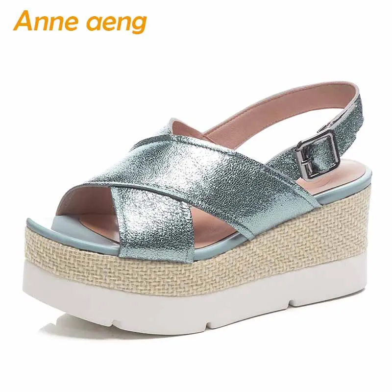 

2019 New Summer Genuine Leather Women Sandals High Wedge Heel Back Strap Buckle Casual Fashion Women Platform Shoes Blue Sandals