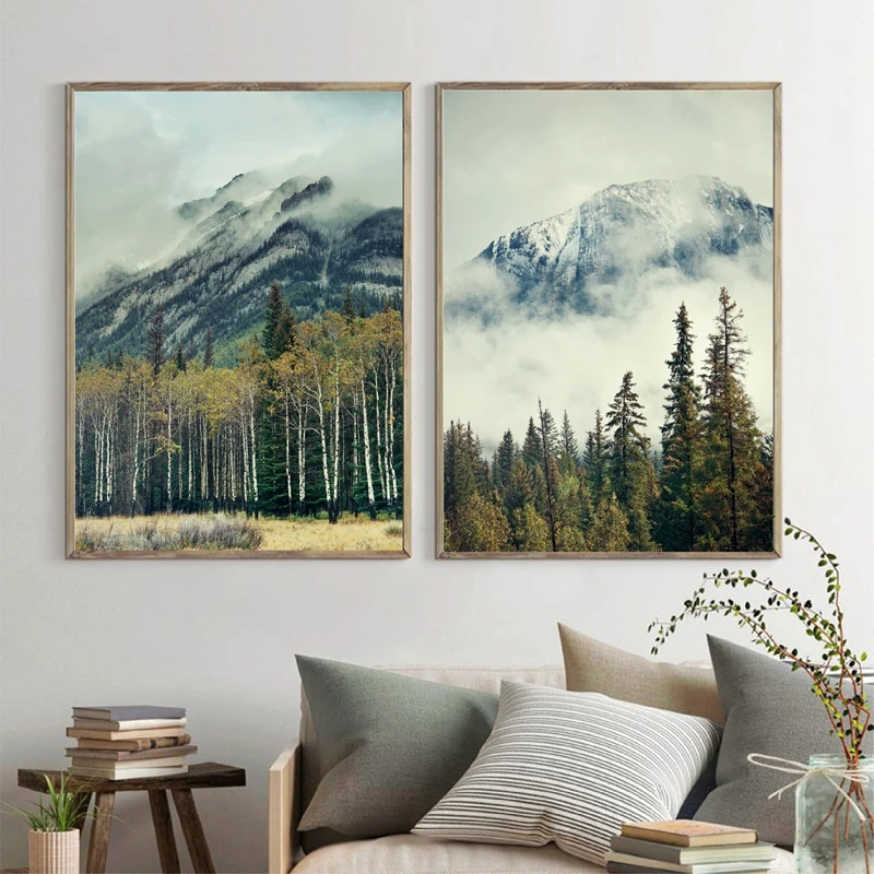 

Banff National Park Landscape Posters and Prints Canada Foggy Mountains Forest Photography Home Wall Art Decor Canvas Painting