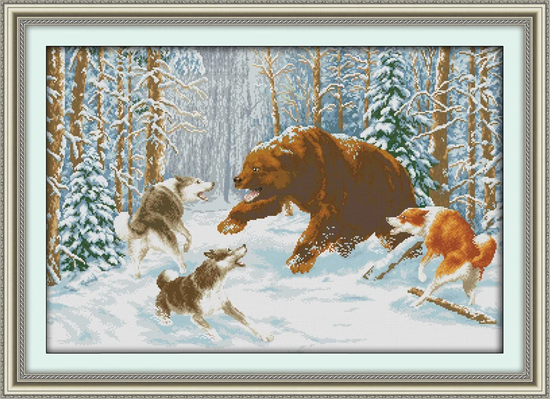 

Wolves and bear in the snow Counted11CT Printed 14CT Cross Stitch Set DIY Chinese Cotton Cross-stitch Kit Embroidery Needlework