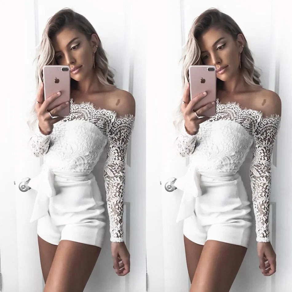 2018 جديد وصول النساء الصيف Playsuits الإناث الخريف الدانتيل الأبيض قبالة الكتف كم طويل بذلة ضمادة داخلية مثير السروال القصير