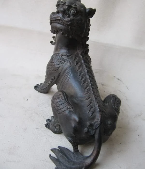 

6"Chinee Royal pure bronze Copper Carved Foo Dog Lion Kylin Kirin beast statue