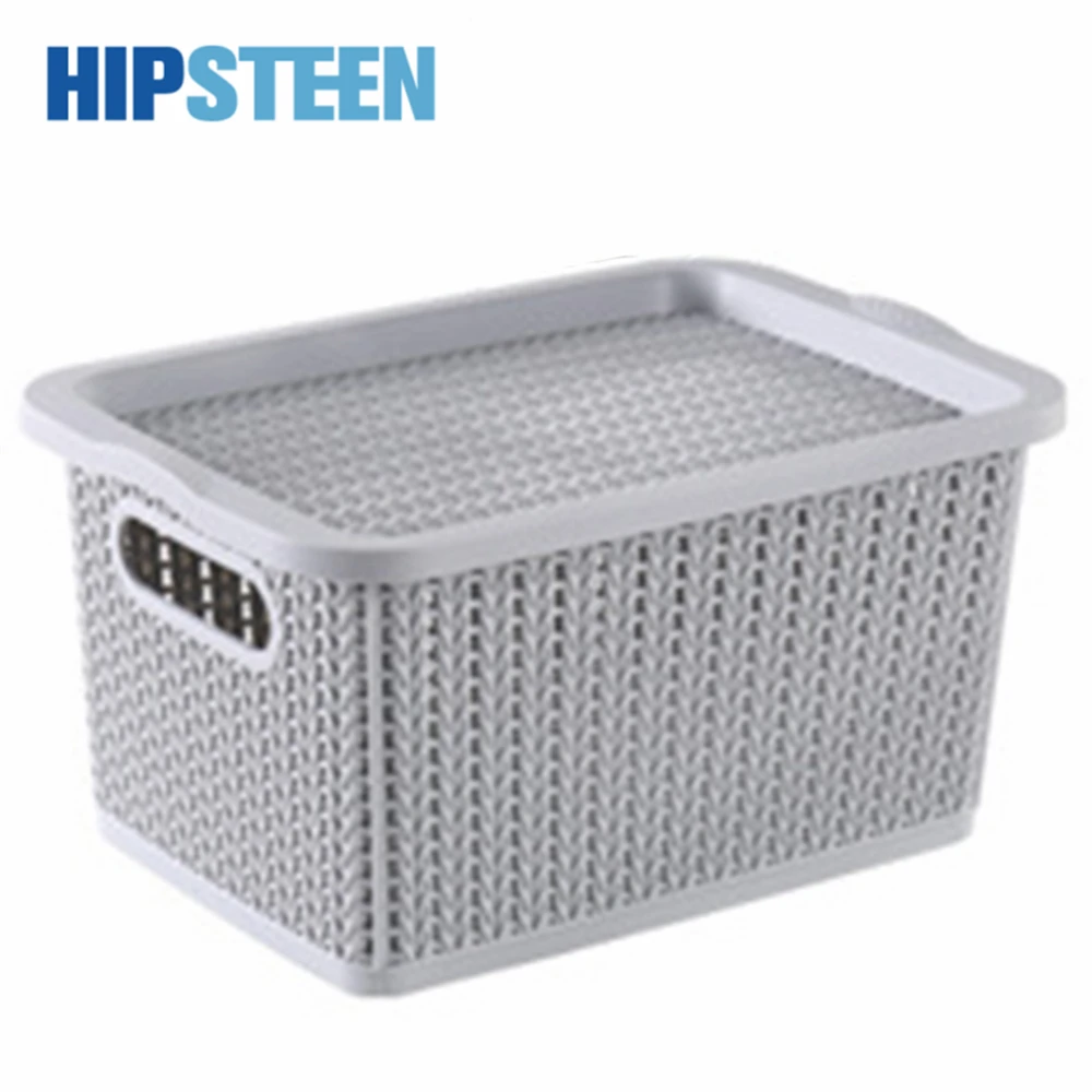 

HIPSTEEN Practical Hollowed-out Imitated Rattan Storage Case with Lid Household Toy Organizer Box - Grey