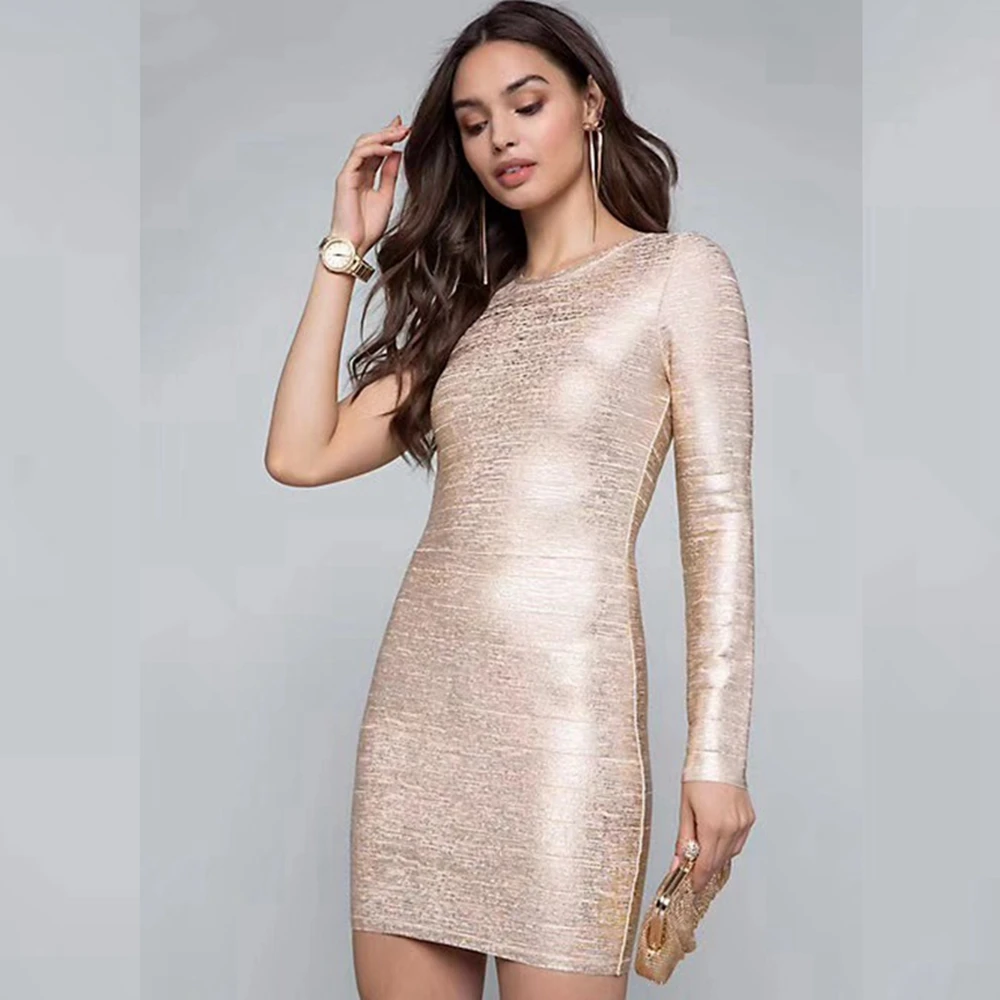 2018 Gold Long Sleeve Bandage Dress Gilding One Shoulder Baodycon
