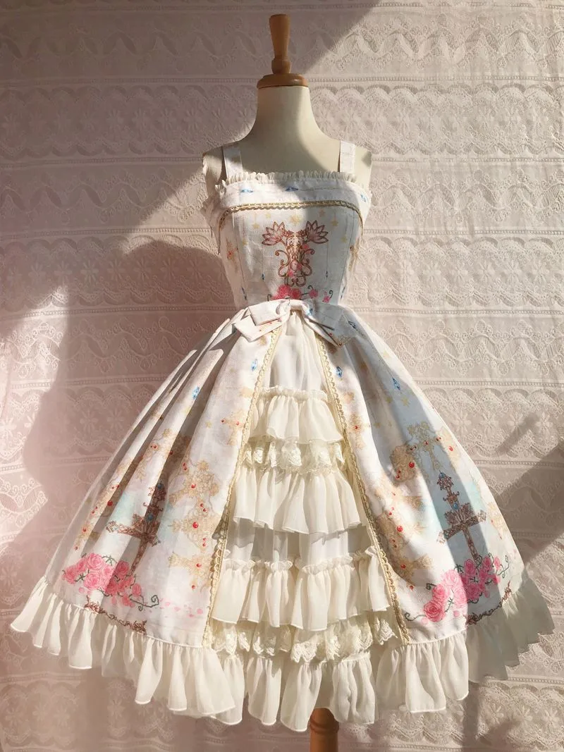 

Sweet Lolita Dress Layered Ruffles Lolita Jumper Skirt Straps Printed Lolita JSK Cute Dress