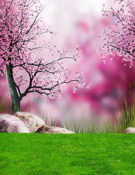 

Peach Blossom Tree Stone on Green Lawn Spring Photography Backdrops for Photo Studio Fotografie Achtergronden Scenic 150cm*200cm