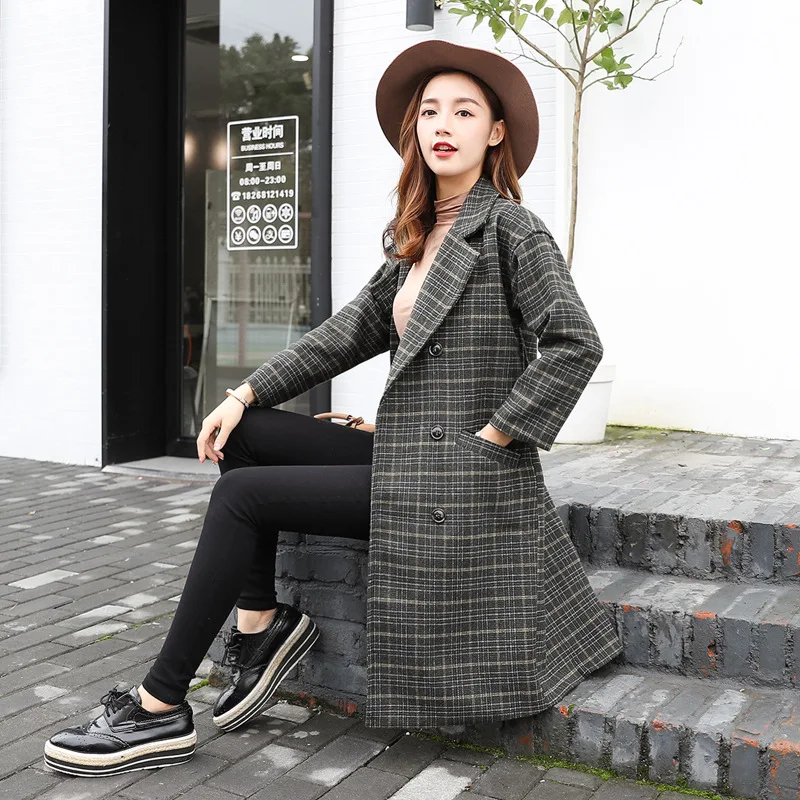 Coréenne 2018 khaki Manteau Ch446 Vintage Grille Longue Veste Double Plaid Manteaux D'hiver Dames green Laineux Gray Breasted Laine Nouveau Pardessus Épais Femmes 8w4wqC