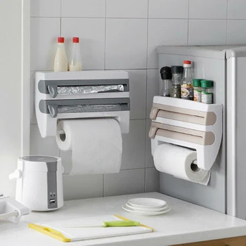 

New Kitchen Aluminum Film Cutter Paper Towel Holder Wall Mounted Roll Dispenser Cutting Foil Cling Wrap Kitchen Storage Rack
