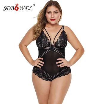 

SEBOWEL Plus Size Floral Lace Deep V Bodysuit Woman Black/White Backless Body Tops Clothes for Female Ladies Sleeveless Bodysuit