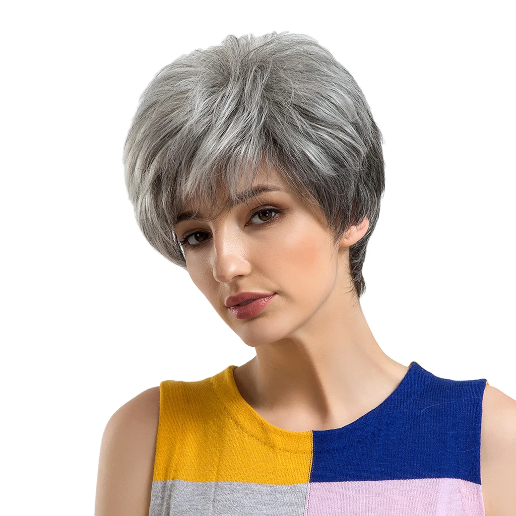Chic Short Wigs for Women Human Hair w/ Bangs Fluffy Layered Pixie Cut Wig short inclined bang layered shaggy slightly curly human hair wig