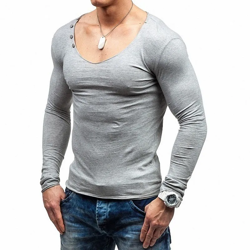 MENS PLAIN DEEP V-NECK T SHIRT SLIM FIT HEATHER GREY FASHION MUSCLE GYM CASUAL