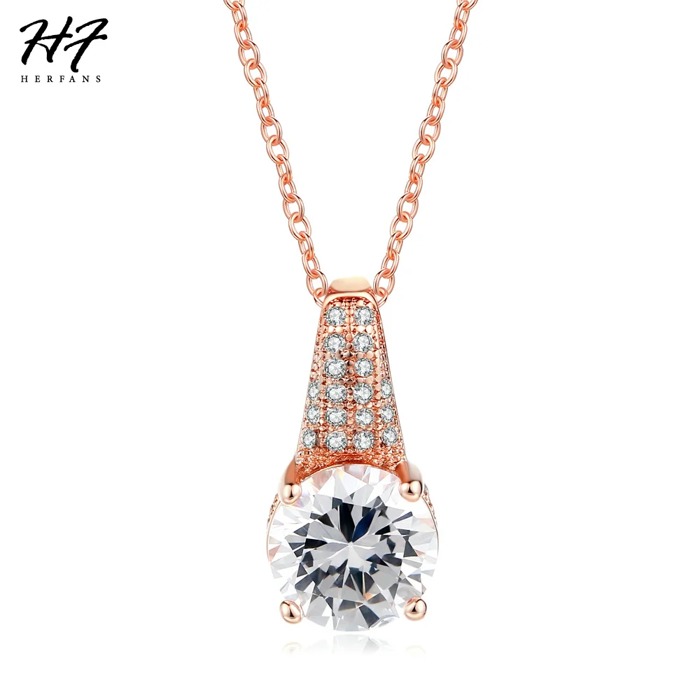 Elegant Chain Crystal Pendant Necklace For Women Rose White Gold Color