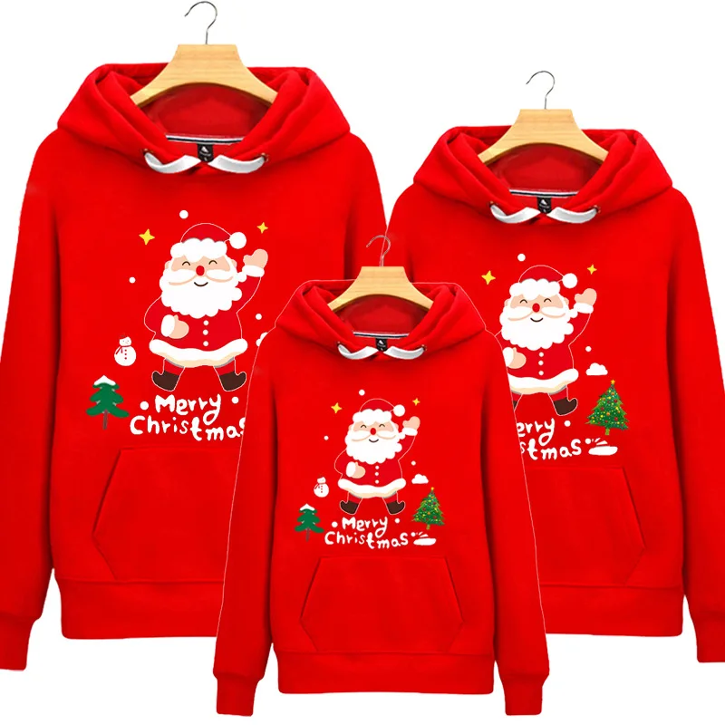 

Family Matching Christmas Sweater 2019 Winter Father Mother Daughter Son Santa Claus Printed Hooded Family Matching Look Outfits
